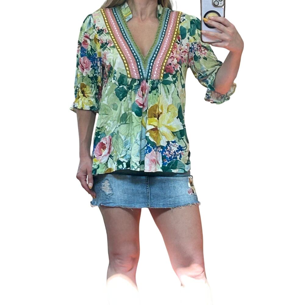 Blank London Anthropologie Stephanie Floral Embroidered Top Colorful Boho S - Picture 7 of 8